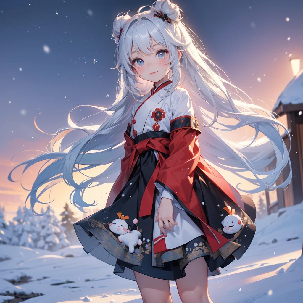 A chibi child girl had a small face and Wearing a little green Taoist priest's outfit. A pair of big round eyes shone with curiosity about him. This child was so cute! Amidst the pure white snow, the snow is falling lightly, watching the snow fall one by one, her hair is black with two buns on her hair.small chibi, chibi baby, smiling ,Chibi. Sunset.
The snow is falling, black hair with two buns.
Riding a white horse.