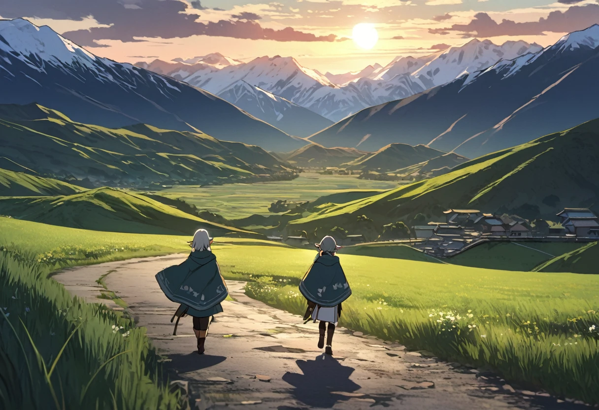 Across the vast grassland, a handful of clouds wander aimlessly, mountains and valleys fly away, nothing is visible, but Marco, you have come to the Andes, this road, let's go, the sun is rising now　Grasp the light of hope in both hands　ponchoに夜明けの風はらませて　Under the sky where mom is　Aim for the distant north　1girl(Gray Hair,Native Elf,poncho) （Kyoto Animation Style）