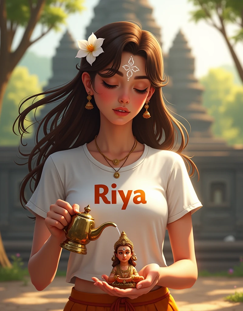 The image is a digital illustration of a young woman with long brown hair and a white flower in her hair. She is wearing a white t-shirt and has a white face paint on her forehead. The woman is holding a small statue of Lord Shiva in her hands and is pouring water from a brass teapot into the statue. The statue is placed on a pedestal and the background is blurred, but it appears to be an ancient temple or temple complex. The image has a peaceful and serene atmosphere. The word "Riya" is written in t-shirt bold size.