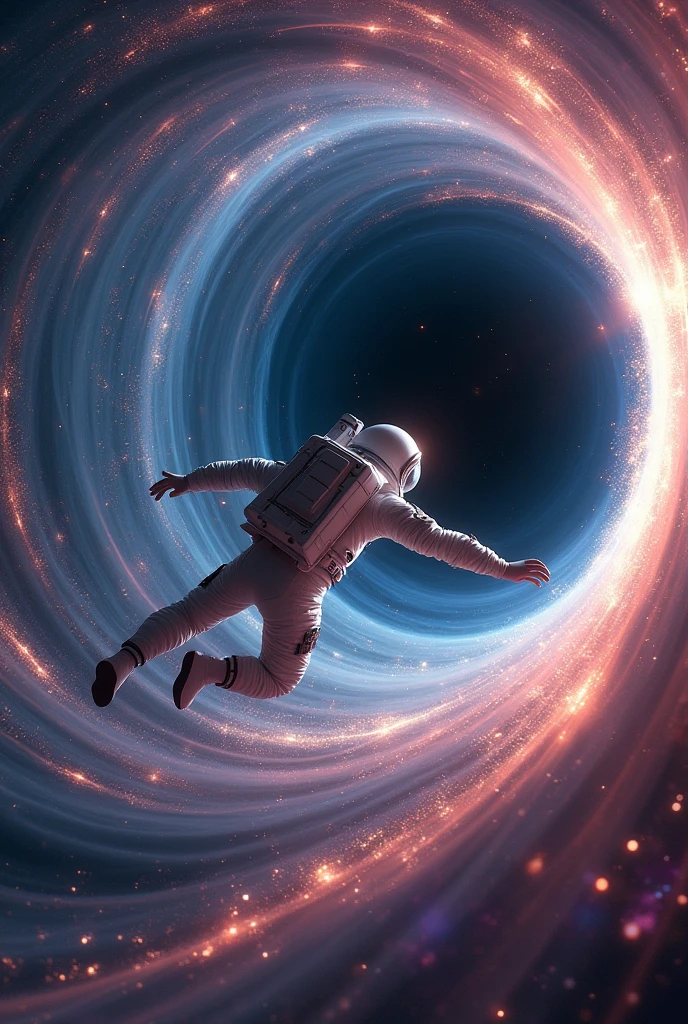 Create an image of what it would look like for an astronaut to fall into a black hole..