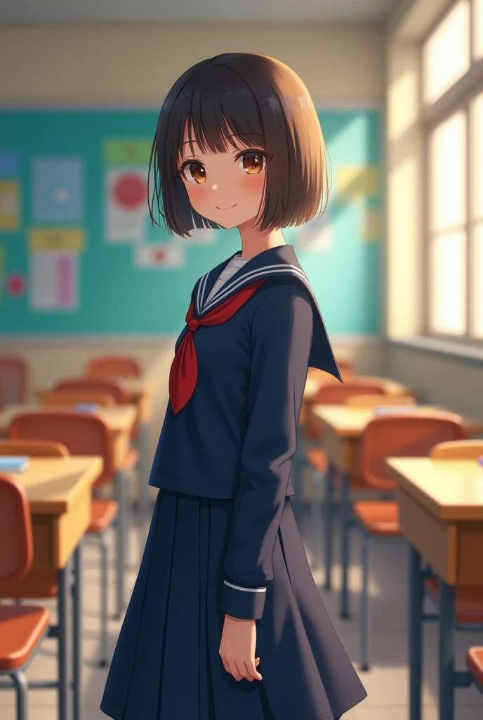 Highest quality, Face Focus, Soft Light, Ultra-high resolution, (Realistic:1.4), RAW Photos, 1 Japan, alone, cute, (A shy smile:0.5), (Brown eyes, Light in your eyes), Beautiful face in every detail, (Small box),(High resolution detail of human skin texture), (Short Bob Hair), break, In the classroom,Navy uniform, Best, skirt