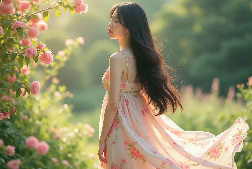 Japanese woman with black hair in dress, 1woman, solo, sundress, photorealistic, realism, realistic, human