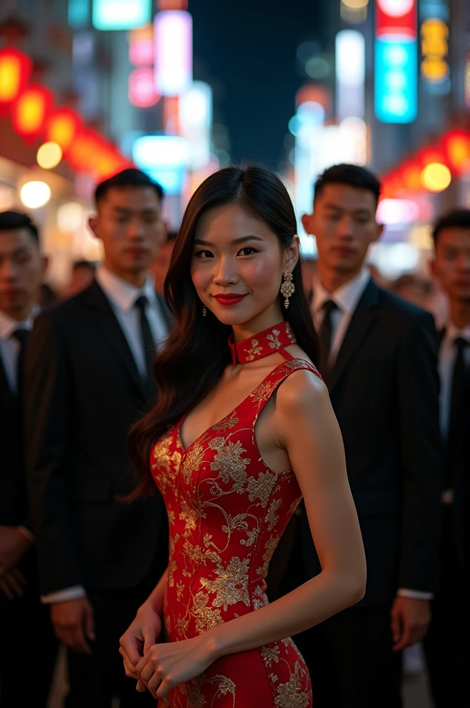 Chinese bodyguards stand beside Chinese women of the 'Big Sister' type.