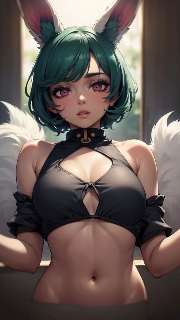 masterpiece,(best quality,top quality,8k),illustration,painting,detailed eyes and face,(1girl),vex,(green hair,short hair),(cropped top1:2),purple eyes,(rabbit ears), pretty girl, beauty skin, ultra high res, raw photo, ultra detailed , detailed eyes and face , (looking at viewer ),(puffy eyes) ,good contrast , high sharpness,(gorgeous),realistic,RAW Photography,(hyperdetailed:1.2)
