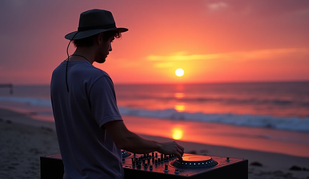 A lonely DJ on a beach, a beautiful sunset, beautiful and enchanting horizon