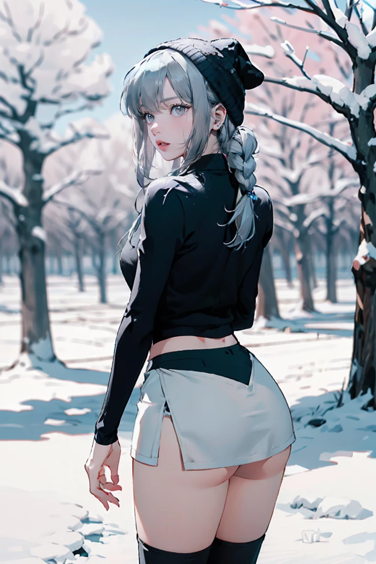 Silver Hair, (Rear View, Rear View),(Highest quality,High resolution,Very detailed,Actual),Target,A world covered in silver, Snow covered branches, toque Chill de invierno, Snowflakes dance like elves, Turning the world into a silver fairy tale, Chill, Quiet and beautiful snow scenery., Cozy and quiet, (Ocean Art 2.1), (Background Frozen white trees Snow falling:1.4) , (Beautiful Blue Eyes、Big stone black eye:1.4) , (Realistic) ,8K high quality, detailed art, Fan Art Best Art Station, Fantasy art style, ((A short, sheer black miniskirt:1.4)) ,(String), Stockings Bra, Leggings White,Sexy Body