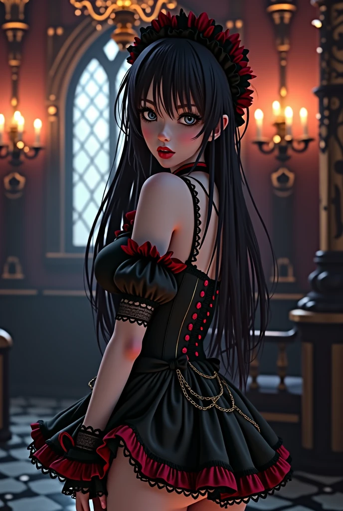 A captivating, high-quality 3D rendered portrait of a seductive gothic-themed anime maid. Her long, black hair flows gracefully, framing her enigmatic face. She dons a short maid uniform adorned with chains and lace, revealing her curvaceous figure. The uniform features striking black and red accents, accentuating her alluring presence. The setting is a dimly lit, eerie mansion with gothic architecture and candlelit chandeliers, casting a soft glow on the scene. The atmosphere is enigmatic and mesmerizing, as if taken straight from an anime or gothic fantasy film. This enchanting portrait evokes a lasting impression, leaving viewers spellbound by its charm.