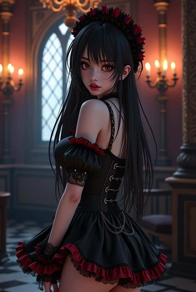 A captivating, high-quality 3D rendered portrait of a seductive gothic-themed anime maid. Her long, black hair flows gracefully, framing her enigmatic face. She dons a short maid uniform adorned with chains and lace, revealing her curvaceous figure. The uniform features striking black and red accents, accentuating her alluring presence. The setting is a dimly lit, eerie mansion with gothic architecture and candlelit chandeliers, casting a soft glow on the scene. The atmosphere is enigmatic and mesmerizing, as if taken straight from an anime or gothic fantasy film. This enchanting portrait evokes a lasting impression, leaving viewers spellbound by its charm.