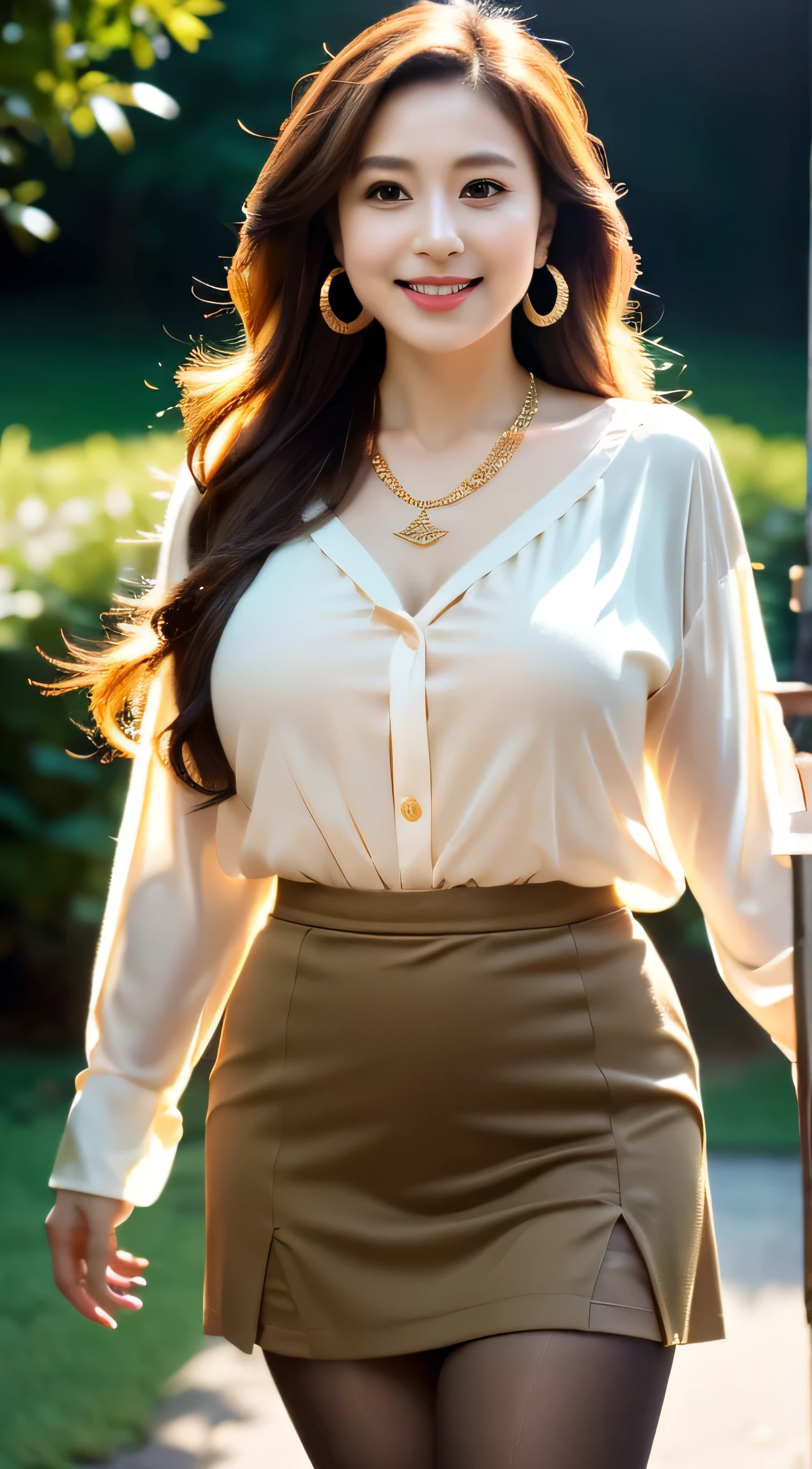 Urzan-6500-v1.1, (RAW Photos:1.2), (Photorealistic), Beautiful details, (Genuine: 1.4), Very detailedな目と顔, Beautiful and fine details, Standing in the forest、(Ultra-realistic pantyhose、High heels)、Stand with your legs crossed、Large file size, High resolution, Very detailed, Highest quality, [masterpiece:1.6], Awareness-raising, Very detailed, Hmph, In detail, Highest quality, 8k wallpaper, Cinema Lighting, One mature woman, Age 35, Perfect figure, Cute droopy eyes,Beautiful big eyes、Pieck Finger, ((Tabletop)), Highest quality, One mature woman, eye shadow, Portraiture, ((Full Body Shot:1.4))、(A very loving smile:1.2)、((brown super long hair:1.2))((Loosely wavy hair:1.3))((White blouse、White flare mini skirt:1.2))((Gold Necklace＿Big earrings:1.3))((((Full figured supermodel standing, Full body in frame))))