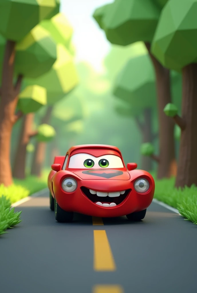 Cute Dodge Demon car with Eyes And Lips in red colour WITH ROAD IN MIDDLE OF FOREST BLUR BACKGROUND low poly Style 