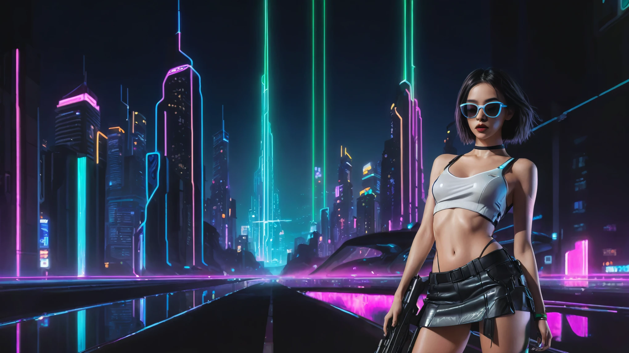 At night, simple outlined cyberpunk city, flying cars, neon waterfall, line art background. (1girl, solo), photo realistic, medium-breast:1.3 slim body, cleavage, sling top, miniskirt, black sunglasses, holding a short gun, half-body thigh level medium shot, cinematic lighting, ray tracing.