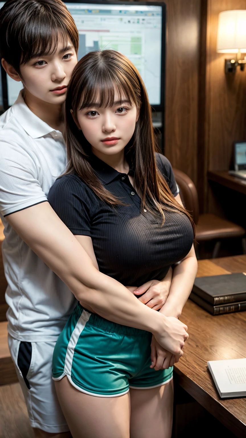 A handsome CEO with his beutiful girlfriend, having sexual intercourse together with him in his luxury office at night. While he carefully romantically falls down her hair., Hug from behind., low ponytail, beautiful flowing hair, bangs, A tight polo shirt that expresses the roundness and softness of your chest., Colossal tits、Don't expose it,Protruding big, Erotic shorts, Standing Elegantly、beautiful thick legs