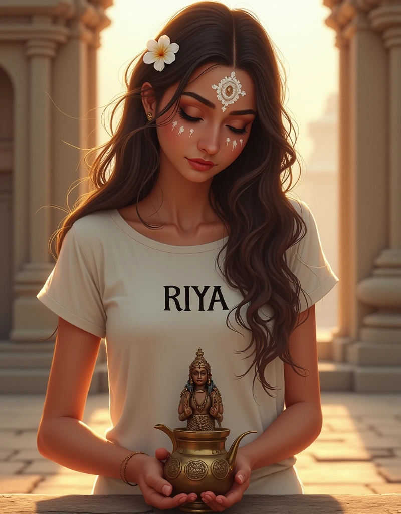 The image is a digital illustration of a young woman with long brown hair and a white flower in her hair. She is wearing a white t-shirt and has a white face paint on her forehead. The woman is holding a small statue of Lord Shiva in her hands and is pouring water from a brass teapot into the statue. The statue is placed on a pedestal and the background is blurred, but it appears to be an ancient temple or temple complex. The image has a peaceful and serene atmosphere. The word "Riya" is written in t-shirt bold size.
