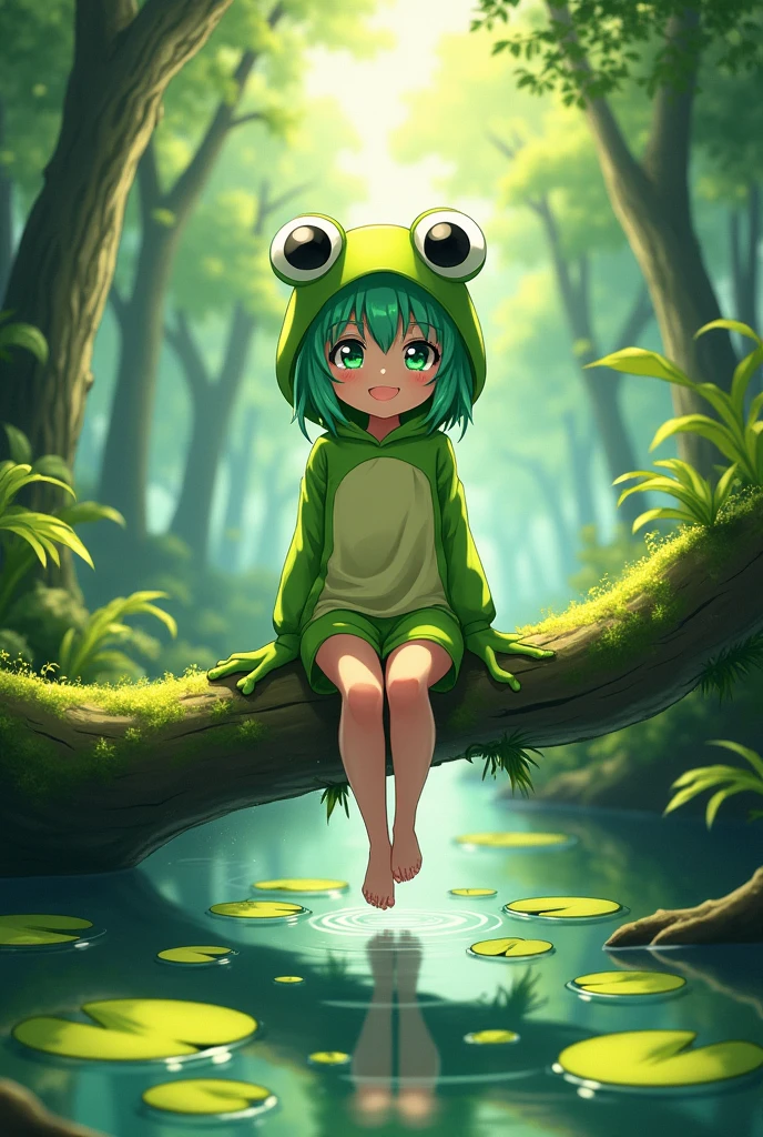 An anime barefoot girl wearing a frog costume sitting on a log in the swamp.