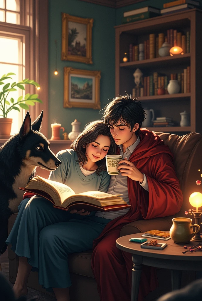 19 to 21 year old male wizard drinking coffee and reading a manga with his hellhound playing with a toy, and a 18 to 19 year old woman sleeping on his lap