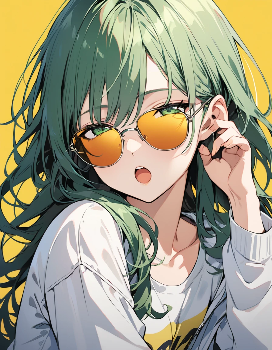 (masterpiece)、(absurdres)、(ultra detailed)、(8k),Anime illustration,BREAK,(yellow simple background:1.5),BREAK,(touched metallic sunglasses),potrait shot,Expressionless:0.9、front,(solo lady),(shiny dark green hair),(dark green eyes),(straight long hair),BREAK,small breast:0.9,BREAK,casual jacket,Tshirt,open mouth:0.5,half-closed eyes,