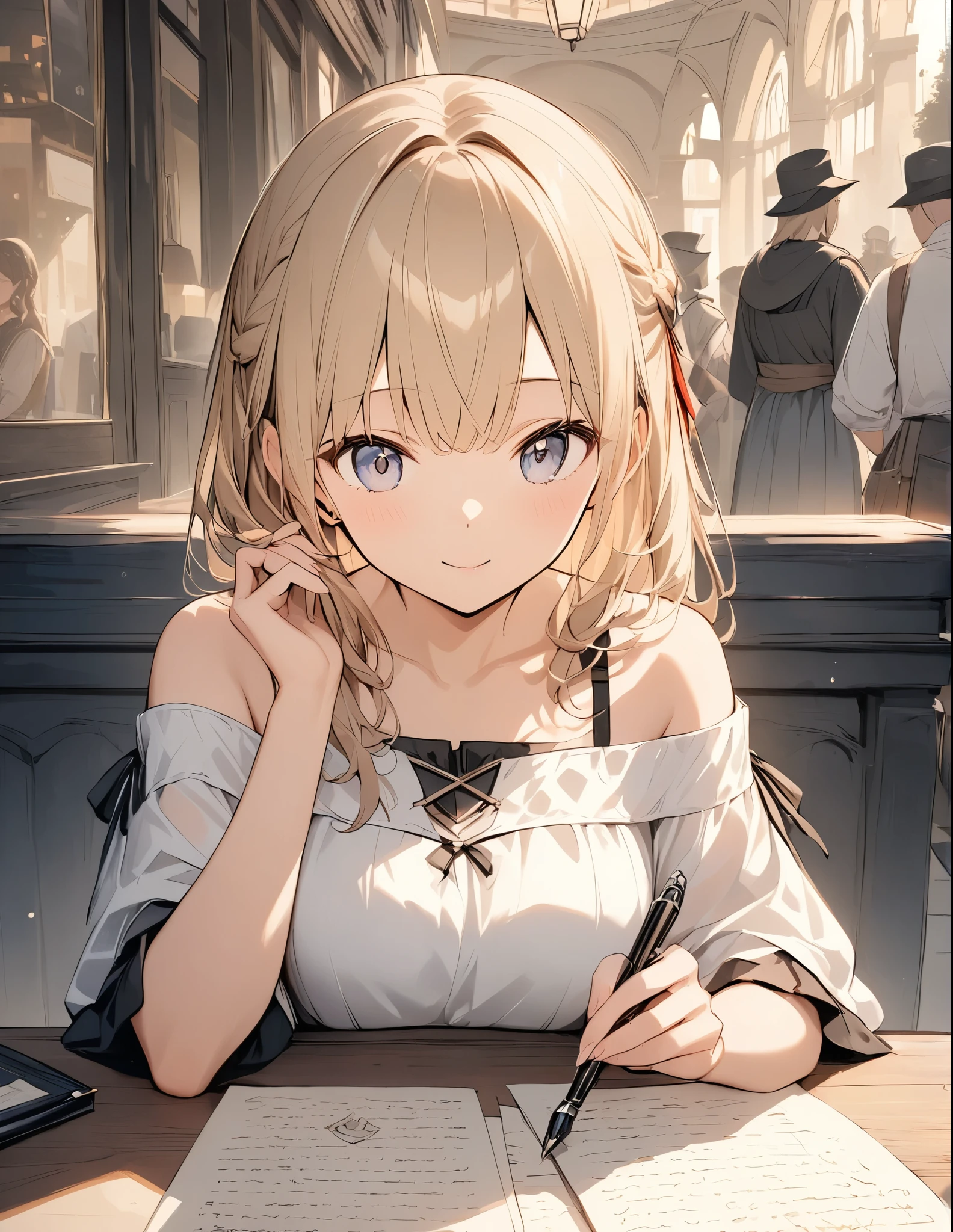 anime、animeスタイル、anime風、((Amazingly absurd)),超High resolution, Attention to detail, high quality, High resolution, 最high quality, 4K, 8k,Sepia、fountain pen、Woman Writing Letters、Medieval European casual wear、dress、A warm piece、A painting style with a blurred effect、夜、ランタンの暖かい光に照らされてる