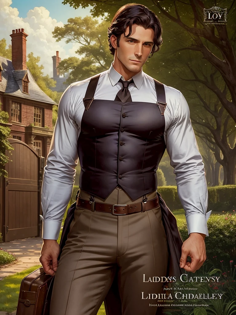 Book cover art, a handsome dark haired muscular man, brown pants, suspenders, trees, grey english mansion and stables background, text "Lady Chaterley's lover", 1900 era