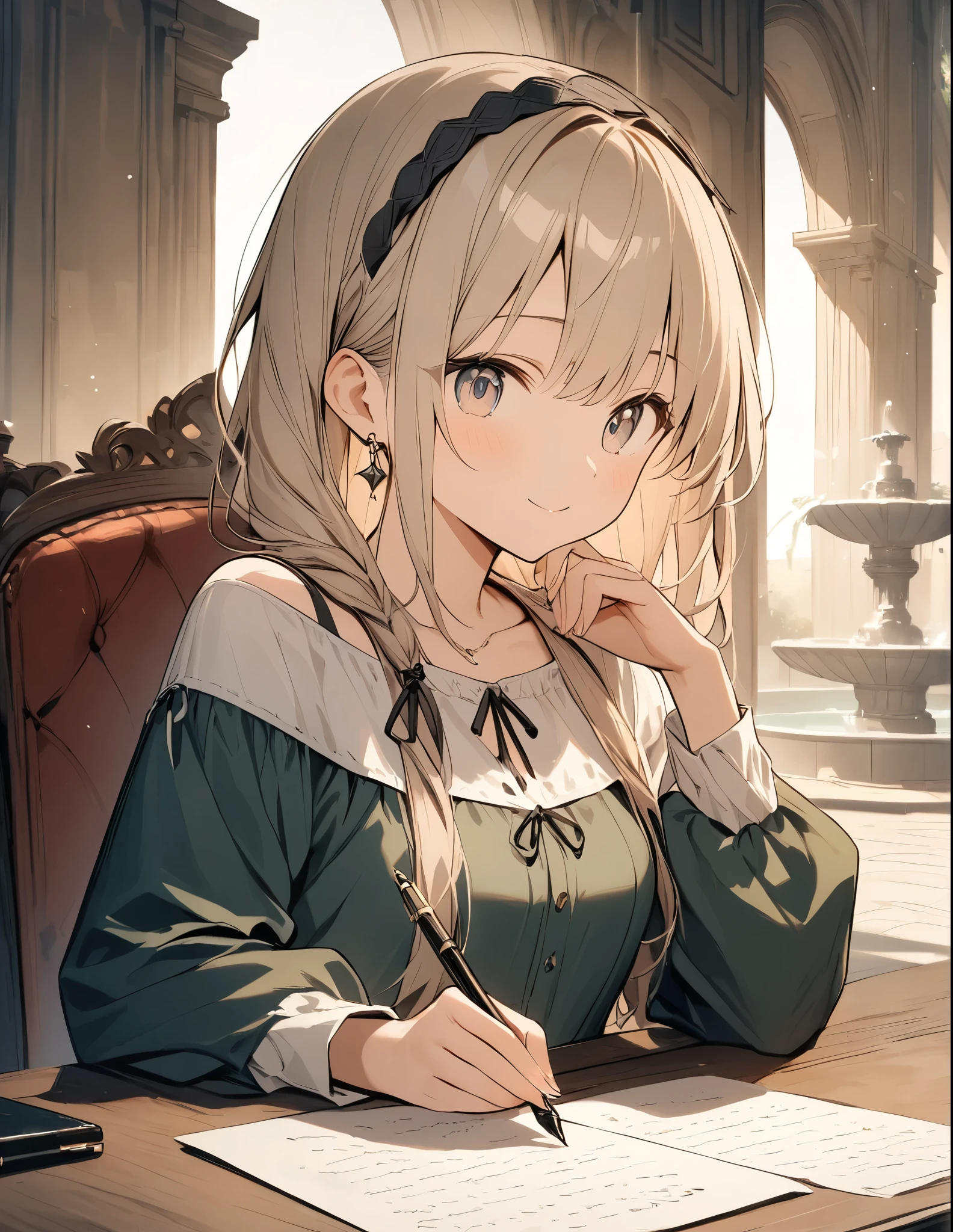 anime、animeスタイル、anime風、((Amazingly absurd)),超High resolution, Attention to detail, high quality, High resolution, 最high quality, 4K, 8k,Sepia、fountain pen、Woman Writing Letters、Medieval European casual wear、dress、A warm piece、A painting style with a blurred effect