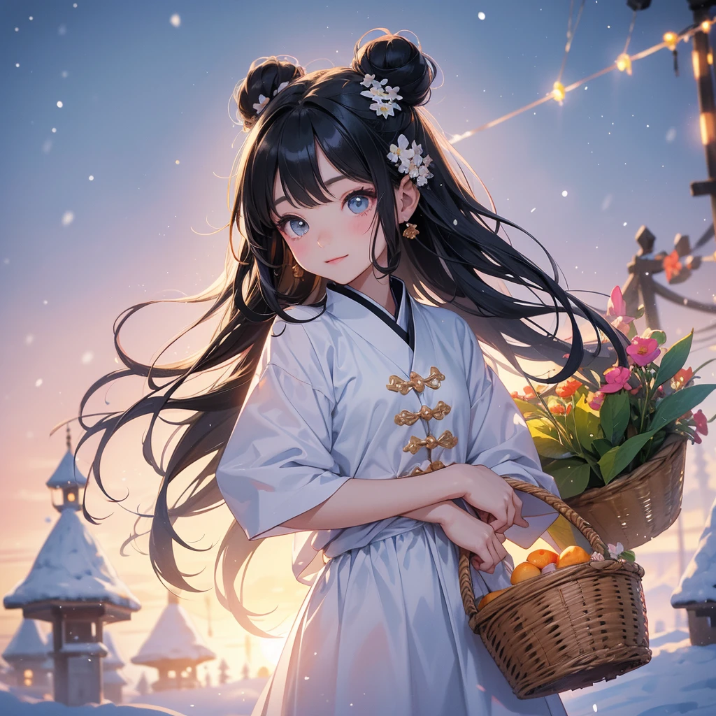 A chibi child girl had a small face and Wearing a little green Taoist priest's outfit. A pair of big round eyes shone with curiosity about him. This child was so cute! Amidst the pure white snow, the snow is falling lightly, watching the snow fall one by one, her hair is black with two buns on her hair.small chibi, chibi baby, smiling ,Chibi. Sunset.
The snow is falling, black hair with two buns.
Holding a large woven basket, full of beautiful flower