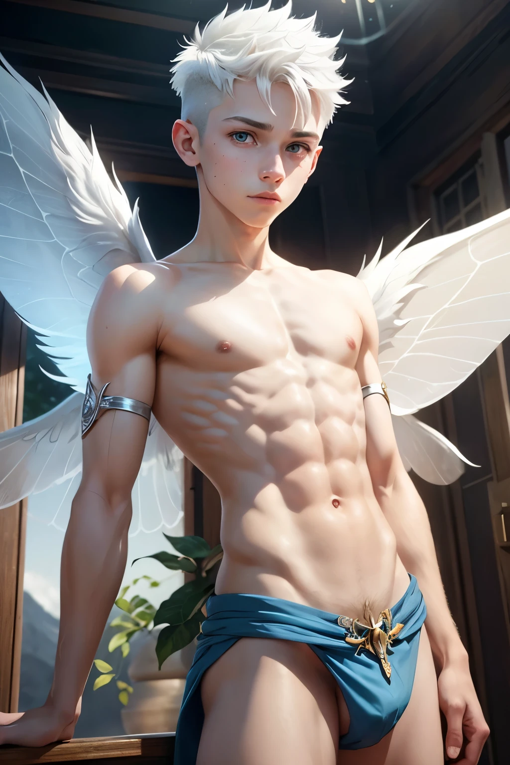 1boy, young male, teen, fairy, innocent face, cute face, youthful face, white eyes, fairy wings, white fairy wings, medium hair, white hair, undercut, hair half shaved, muscular, short, sexy, skimpy, jockstrap, loincloth, minds eye, psychic, psionic