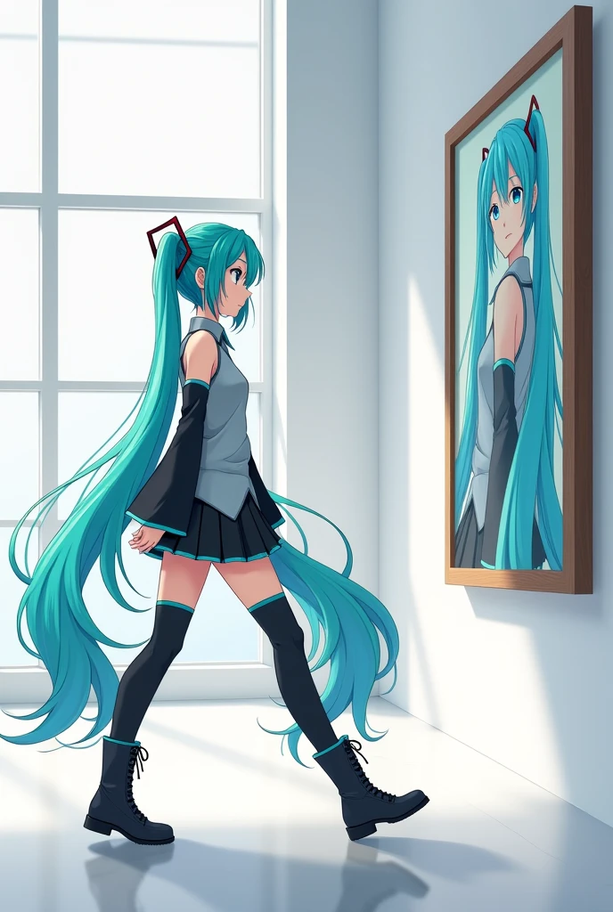 Anime art, anime style, detailed drawing, white background, high definition, high quality, one girl, solo, Miku Hatsune, aqua hair, twintails, headphones, 01 (red number tattoo on the left hand), grey shirt, collared shirt, sleveless shirt, black sleeves (aqua line), detached sleeves, five fingers, aqua nails, aqua necktie, black skirt (aqua line), pleated skirt, mini skirt, zettai ryouiki, thigh boots, black thigh-high (aqua line)

Super fine anime art

Miku Hatsune walking in art gallery; she looks at the wall; there's a painting of her on the wall