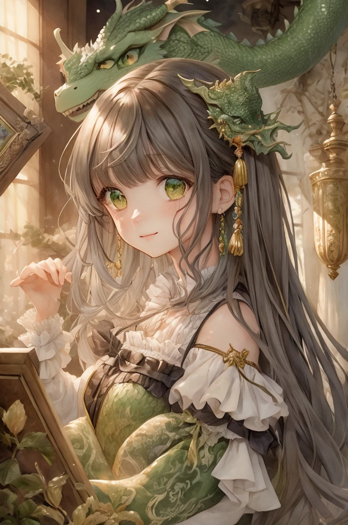 absurdres, absolutely resolution, highres, texture, masterpiece, best quality, official art, beautiful and aesthetic, (mystical atmosphere), fantasy, watercolor, magic, trading card, cinematic angle, (rococo style card frame:1.3), BREAK
1girl, (kawaii:1.3), teenager, 17 yo, peaceful smile, shy, (highly detailed beautiful face and eyes), (light brown hair:1.0), (long hair), (straight hair), (blunt bangs:1.0), (hairband:1.0), (gray eyes:1.6), (maid), long dress, (middle breasts:1.0), cowboy shot, BREAK
(cute green dragon:1.4), BREAK