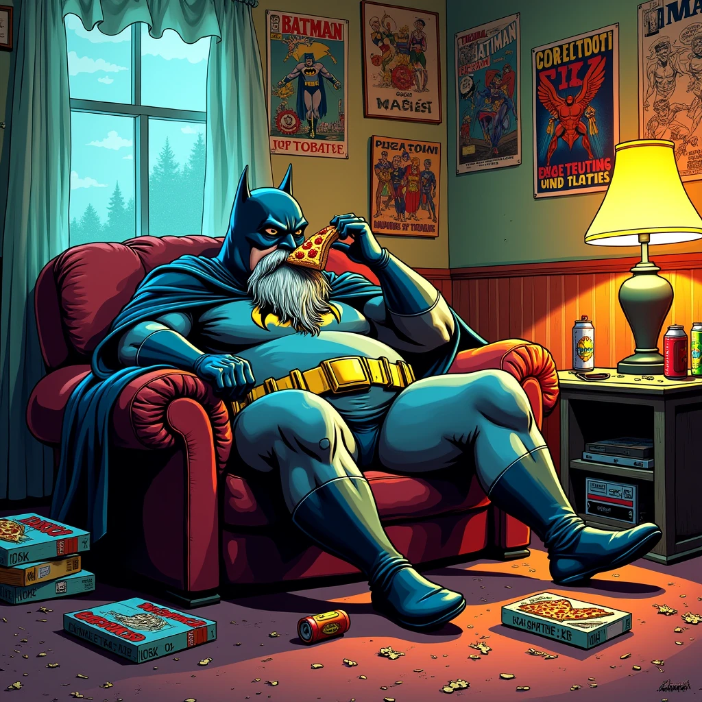 "Create a pop art style image of an overweight Batman sitting on a worn-out couch, eating pizza and watching TV. The superhero has a long, unkempt beard, and his costume, reminiscent of a famous dark-clad vigilante, is stretched and faded, showing signs of wear and tear. The room is a cozy, cluttered living space with vibrant, contrasting colors typical of pop art. The walls are adorned with old superhero posters, some torn and peeling. The floor is littered with pizza boxes, soda cans, and comic books. The TV is an older model with static lines running across the screen. A dim lamp on a side table casts a warm, cinematic glow over the scene, creating dramatic shadows and highlighting the humorous, laid-back atmosphere. The overall image captures a relaxed and slightly humorous take on the superhero's everyday life, blending iconic elements with a playful, modern twist."