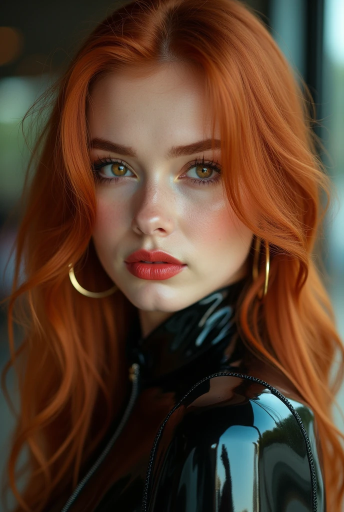 a woman with red hair, hyper-realistic skin, shiny/glossy, modern jewelry, gongbi, portraiture, dark teal and light gold, tropical landscapes, Face portrait photo oF a 21 Year-old German woman, .raw, beautiFul woman, half strawberry lips, strawberry lipstick, Fossettes, big breast, realistic legs, high heels, nostalgic look, detailed light brown eyes, great student, thin eyelashes, (Brown extra long blond hair), ((detailed Face)), ((detailed Facial Features and skin texture)), (Finely detailed skin), light brown skin, (Deep neckline detailing high-tech cyberpunk dress), Cyberpunk big city environment, (cold colors), moist, moist, reFlections, (masterpiece) (height ratio / perfect width) (photo realist) (best quality) (detailed) Shot with Canon EOS R5, ObjectiF 50mm, F/2.8, human development report, (8k) (wallpaper) (light) (Dramatic Light) (sharp focus) (complicated), sharp details, skin detail sharpness, 