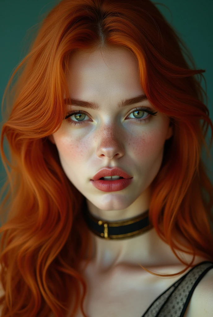 a woman with red hair, hyper-realistic skin, shiny/glossy, modern jewelry, gongbi, portraiture, dark teal and light gold, tropical landscapes, Face portrait photo oF a 21 Year-old German woman, .raw, beautiFul woman, half strawberry lips, strawberry lipstick, Fossettes, big breast, realistic legs, high heels, nostalgic look, detailed light brown eyes, great student, thin eyelashes, (Brown extra long blond hair), ((detailed Face)), ((detailed Facial Features and skin texture)), (Finely detailed skin), light brown skin, (Deep neckline detailing high-tech cyberpunk dress), Cyberpunk big city environment, (cold colors), moist, moist, reFlections, (masterpiece) (height ratio / perfect width) (photo realist) (best quality) (detailed) Shot with Canon EOS R5, ObjectiF 50mm, F/2.8, human development report, (8k) (wallpaper) (light) (Dramatic Light) (sharp focus) (complicated), sharp details, skin detail sharpness, 