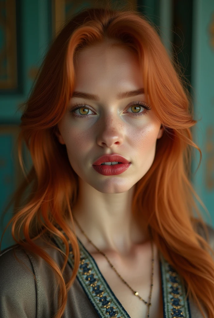 a woman with red hair, hyper-realistic skin, shiny/glossy, modern jewelry, gongbi, portraiture, dark teal and light gold, tropical landscapes, Face portrait photo oF a 21 Year-old German woman, .raw, beautiFul woman, half strawberry lips, strawberry lipstick, Fossettes, big breast, realistic legs, high heels, nostalgic look, detailed light brown eyes, great student, thin eyelashes, (Brown extra long blond hair), ((detailed Face)), ((detailed Facial Features and skin texture)), (Finely detailed skin), light brown skin, (Deep neckline detailing high-tech cyberpunk dress), Cyberpunk big city environment, (cold colors), moist, moist, reFlections, (masterpiece) (height ratio / perfect width) (photo realist) (best quality) (detailed) Shot with Canon EOS R5, ObjectiF 50mm, F/2.8, human development report, (8k) (wallpaper) (light) (Dramatic Light) (sharp focus) (complicated), sharp details, skin detail sharpness,