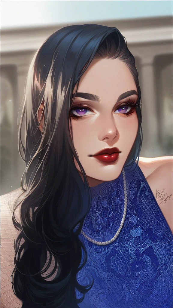 fancy; Black Lace Dressgown; gothic; slickedback hair; long black hair; Beautiful eyes; beautiful and red lips; eyes browns; background with fog and violet flowers
