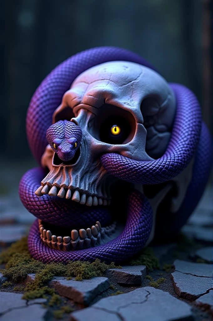 A purple snake up close coming out a skulls eye with a scary look