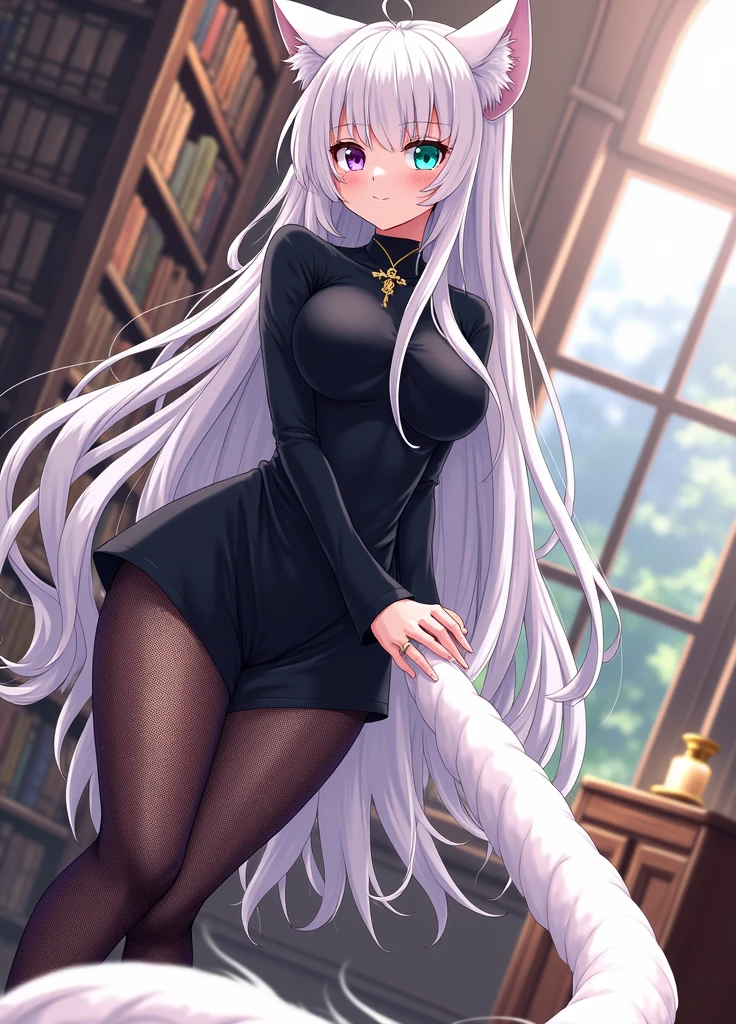 ((best quality)), ((masterpiece)), (detailed), ((highres)), In lavish manor library,  extremely long white hair. Fluffy white cat ears. Long white cat tail on butt, 1catgirl, 20 year old, Curvy body, shy, timid, scared, nervous, Blushing. Lewd, naked. Heterochromatic eyes, one teal eye, one purple eye. No shoes, black ripped fishnets,
