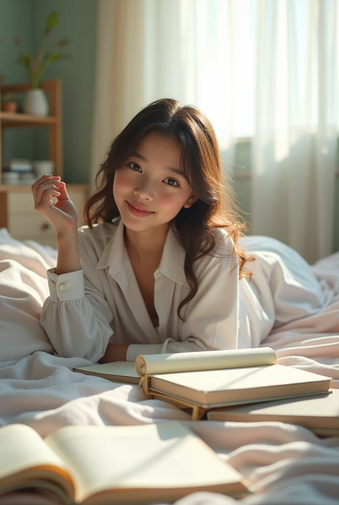 A sexy school girl wearing a long-sleeved white school shirt is lying on the bed.