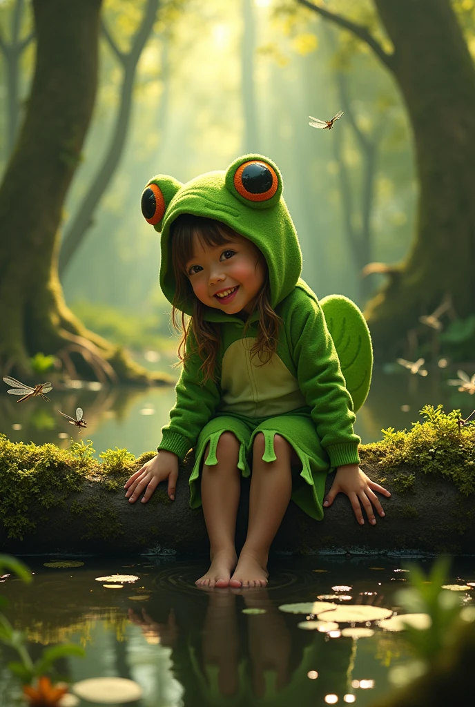 An anime barefoot  girl wearing a frog costume sitting on a log in the swamp.