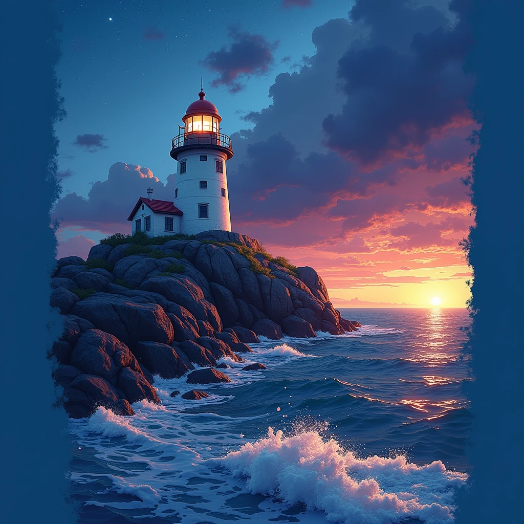 The image depicts a tranquil scene at sunset or sunrise. A lighthouse stands prominently on a rocky outcrop, serving as a beacon of light and safety for seafarers. The lighthouse is illuminated from within, suggesting its active role in guiding vessels. The surrounding sea is calm, with gentle waves lapping against the rocks, indicating a serene environment. The sky is a canvas of colors, with hues of purple, pink, and orange blending into each other, creating a dramatic backdrop. The presence of stars suggests that the scene is set during twilight hours when the night is beginning to fall but has not yet fully arrived. The overall atmosphere is one of peace and solitude, inviting contemplation and reflection.