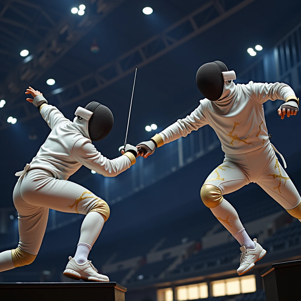 Create a fencer athlete in attack action that looks like marble with gold cracks