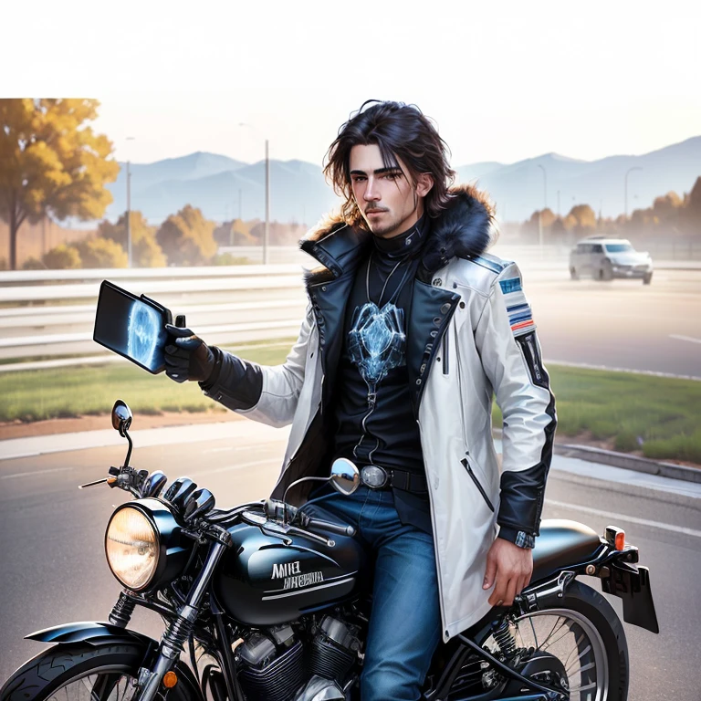 на motorcycleе сидит мужчина в шлеме, looks damn cool and stylish, Who is, motorcycle, screensaver, headquarters artwork, high key, hydrogen. Beautiful, inspired by Harry Hoenigsen, headquarters, inspired by Ermenegildo Anglada Camarasa, hyperrealism art style, X-ray
