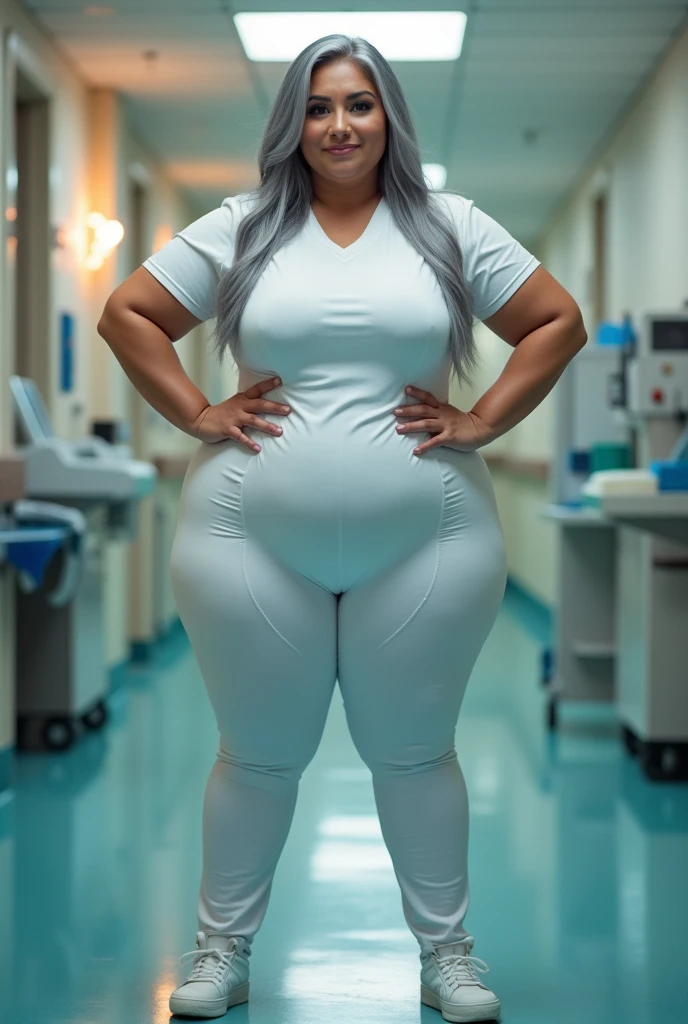 Nurse, extremely big ass, extremely wide hips, massive butt, thicc, titanic thighs, grey hair, white spandex, Caucasian, tall woman, Pawg woman, biggest butt, widest hips, thickest thighs, pear shaped, hands in hips, triumphant pose, facing front