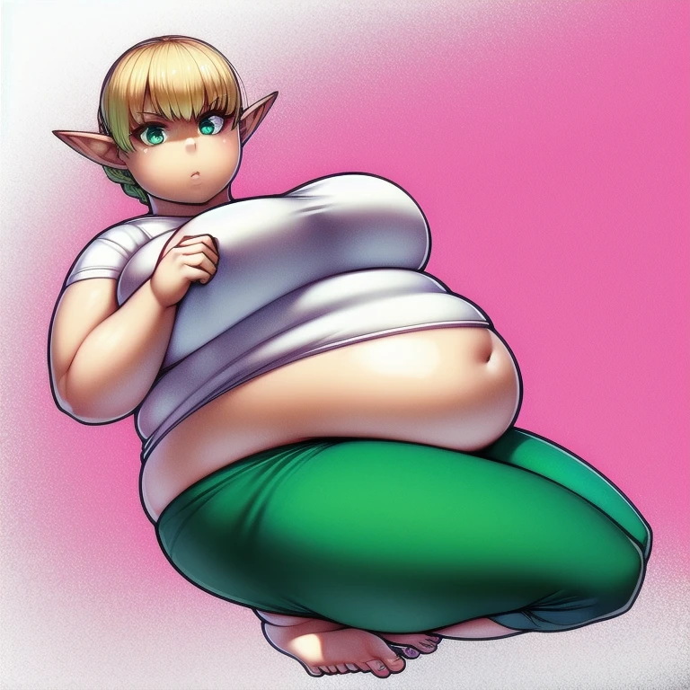 4K, high quality, 1 solo girl, detailed eyes, obese erufuda, short hair, pointy ears, blonde hair, (green eyes:1.5), perfect body, white shirt, green pants, barefoot, braid, big butt, big breasts, cute, thick thighs, squeezing the belly