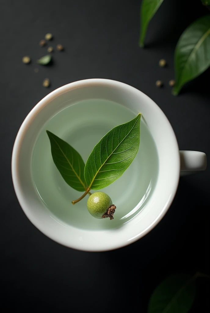 The camera looks down from directly above, capturing a Chinese white porcelain teacup filled with a single bud and two leaves of Chinese high-mountain tea.，((Right beneath the surface, You can see a single bud and two leaves of Chinese high mountain dry tea, which has been dried and then moistened, floating in the water.)),simple，Movie Lighting，专业photography，Studio Lighting，Black desktop background，photography，Intricate details，Ultra Detail，Hyper-photorealism，8K Ultra HD top view，Top view, bird's eye view