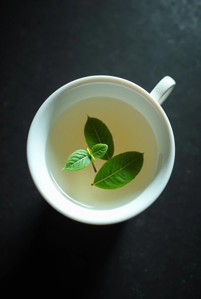 The camera looks down from directly above, capturing a Chinese white porcelain teacup filled with a single bud and two leaves of Chinese high-mountain tea.,((Right beneath the surface, You can see a single bud and two leaves of Chinese high mountain dry tea, which has been dried and then moistened, floating in the water.)),simple,Movie Lighting,专业photography,Studio Lighting,Black desktop background,photography,Intricate details,Ultra Detail,Hyper-photorealism,8K Ultra HD top view,Top view, bird's eye view
