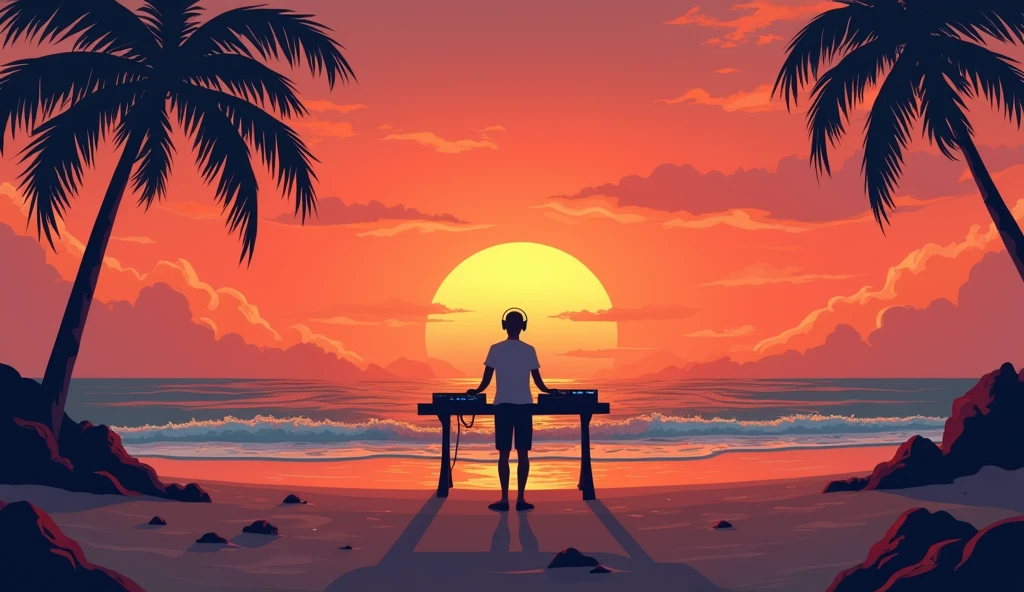 A lonely DJ on a beach, a beautiful sunset, beautiful and enchanting horizon, illustration
