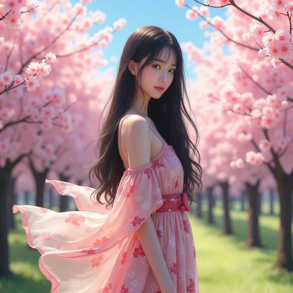 Japanese woman with black hair in dress, 1woman, solo, sundress, photorealistic, realism, realistic, human