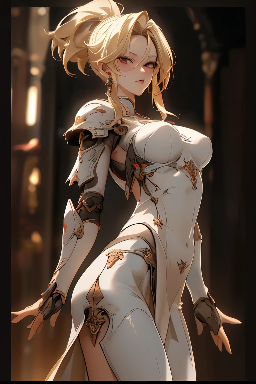 ((best quality)), ((Masterpiece)), (details:1.4), 3d, HDR (high dynamic range), amature woman, Blonde hair, High Ponytail, Red eyes, hips up จมูกโด่ง, ปากแดง, หน้าอกใหญ่, nvidia RTX, PBR surface, After processing, Anisotropic filtration,depth of field, Maximum clarity and clarity, multi-layered surface, Subsurface scattering, perfect proportions, 8K raw files, ความละเอียดสุดยอด, Unreal 5, Perfect proportions, Octane Render, Wide aperture, Low ISO, Berserker, ฺสฟแา Armor, jewely, ต่างหู