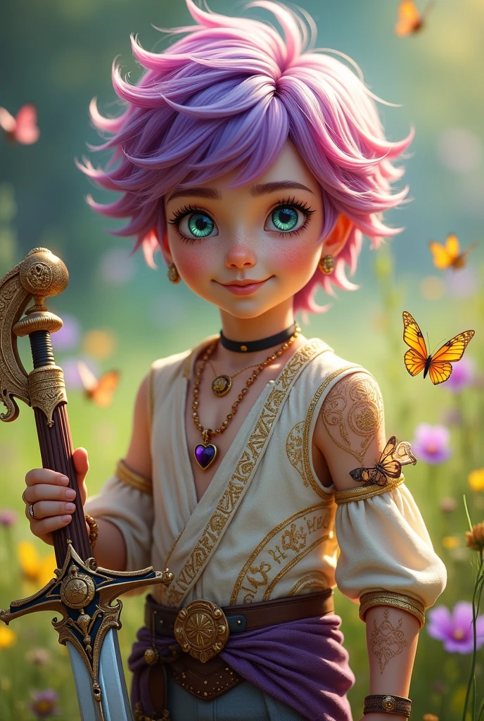 A boy, her hair is pink, purple and blue, Your eyes are different colors, one is purple and the other green, his skin is white and delicate and is covered in a shiny golden powder that is like makeup, he also has magical runes tattooed on his body, he is of noble origin and his father is a genius, he loves to adventure, Of butterflies and flowers, he is a bard and always carries his beautiful lute and his beautiful sword, he likes to wear delicate rings, a choker and a heart necklace, your nails are also delicate and painted.