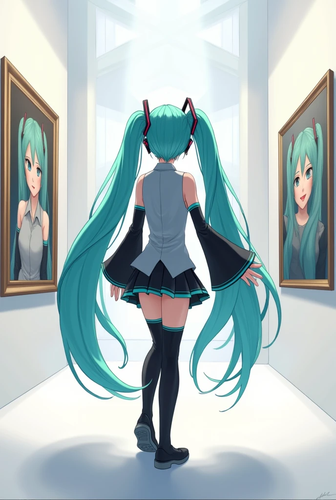 Anime art, anime style, detailed drawing, white background, high definition, high quality, one girl, solo, Miku Hatsune, aqua hair, twintails, headphones, 01 (red number tattoo on the left hand), grey shirt, collared shirt, sleveless shirt, black sleeves (aqua line), detached sleeves, five fingers, aqua nails, aqua necktie, black skirt (aqua line), pleated skirt, mini skirt, zettai ryouiki, thigh boots, black thigh-high (aqua line)
Super fine anime art
Miku Hatsune walking in art gallery; she looks at the wall; there's a painting of her on the wall