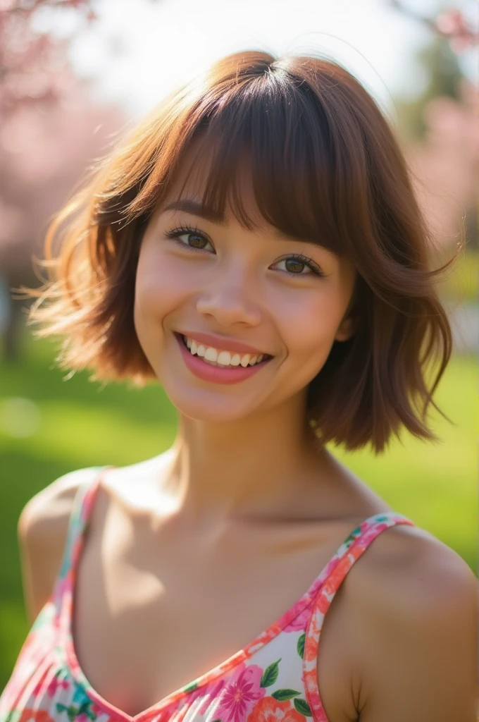 Short bob with brown hair and bangs,Summer clothes,Selfie