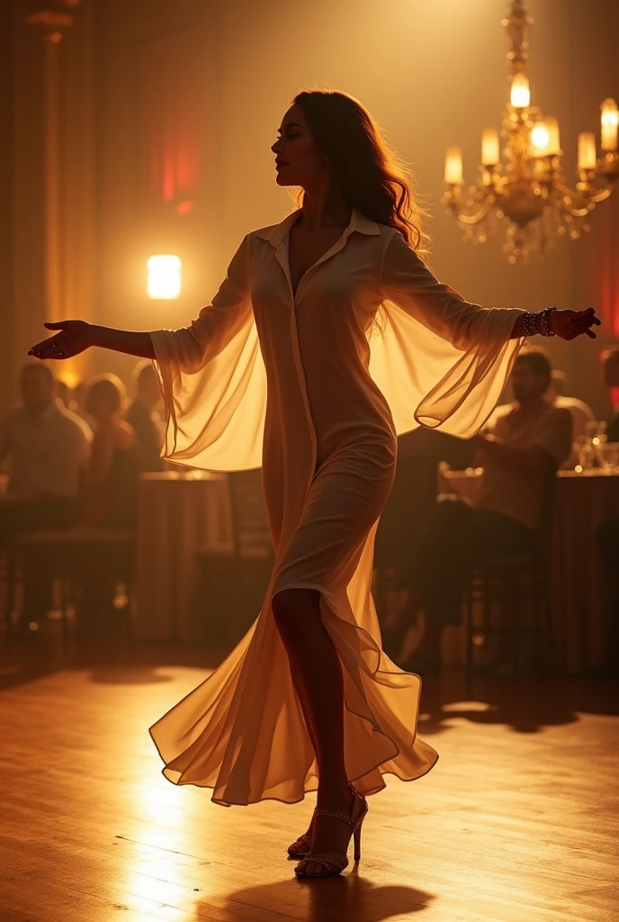 female dancer, latinamerican dance, pose, ballroom dance floor atmosphere, white latin shirt, whole body,